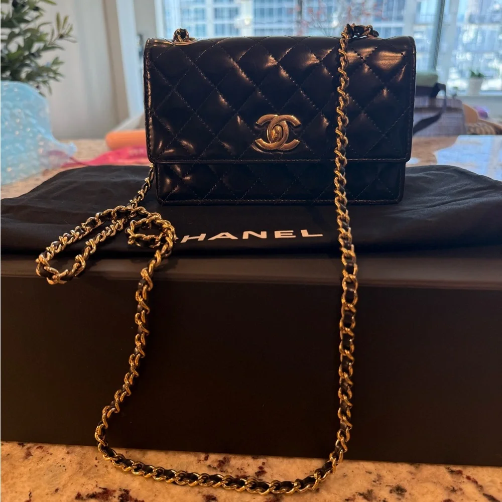 CHANEL Black Quilted Leather Mini Flap Bag with Gold Chain